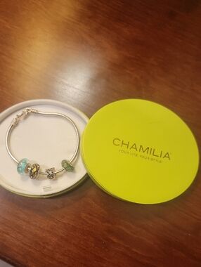 Chamilia Silver Bracelet with Aqua and Green Glass Charms